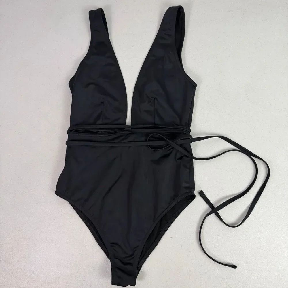 ASOS Black size 4 Deep Plunge Belted One Piece Swimsuit